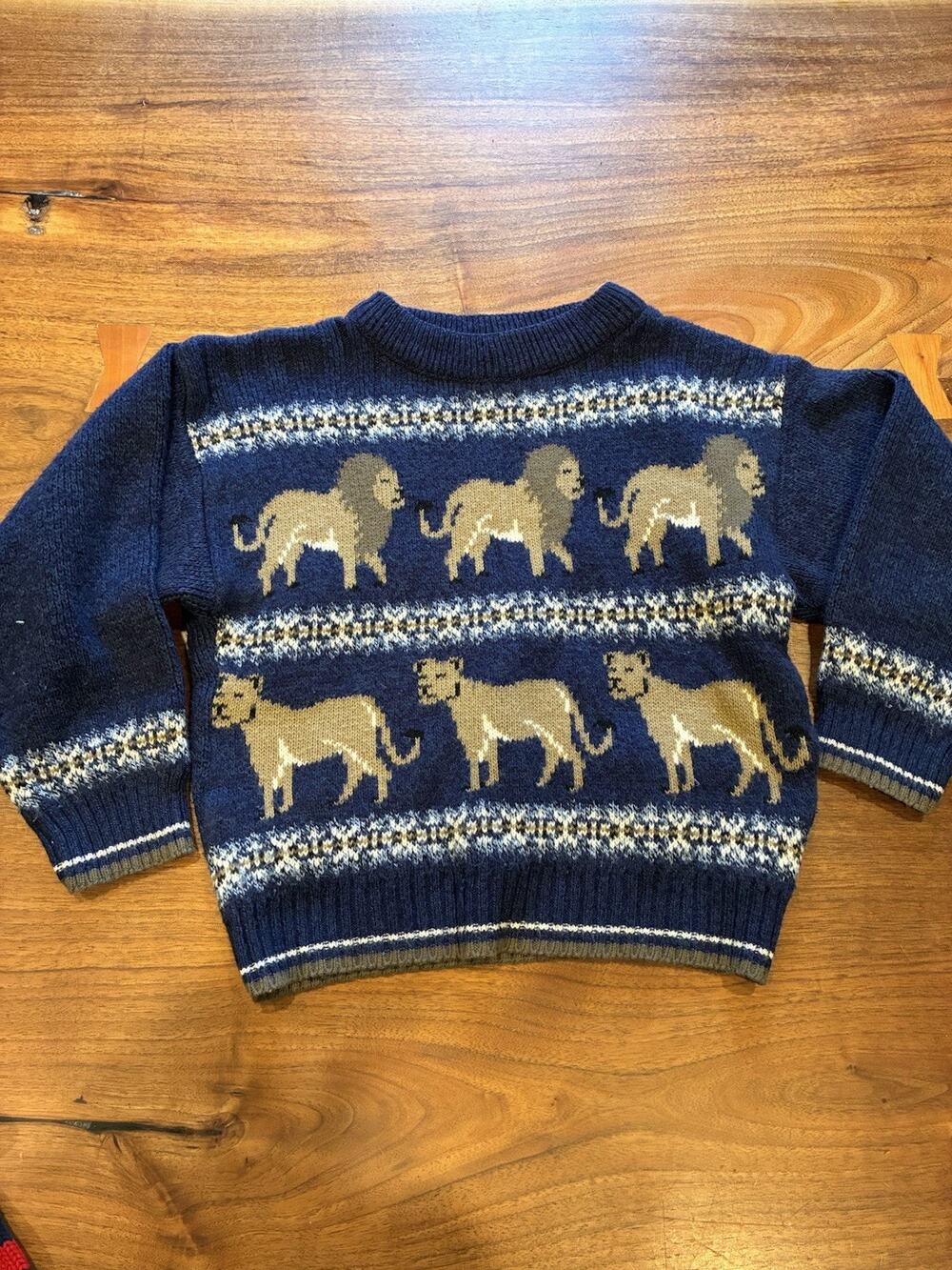Vintage TKS Lions Print Sweater, Sz. 5/6 Navy & Brown, 1990’s